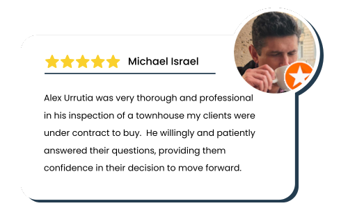 Review left by Michael Israel for Key Inspection Services: Alex Urrutia was very thorough and professional in his inspection of a townhouse my clients were under contract to buy. He willingly and patiently answered their questions, providing them confidence in their decision to move forward.